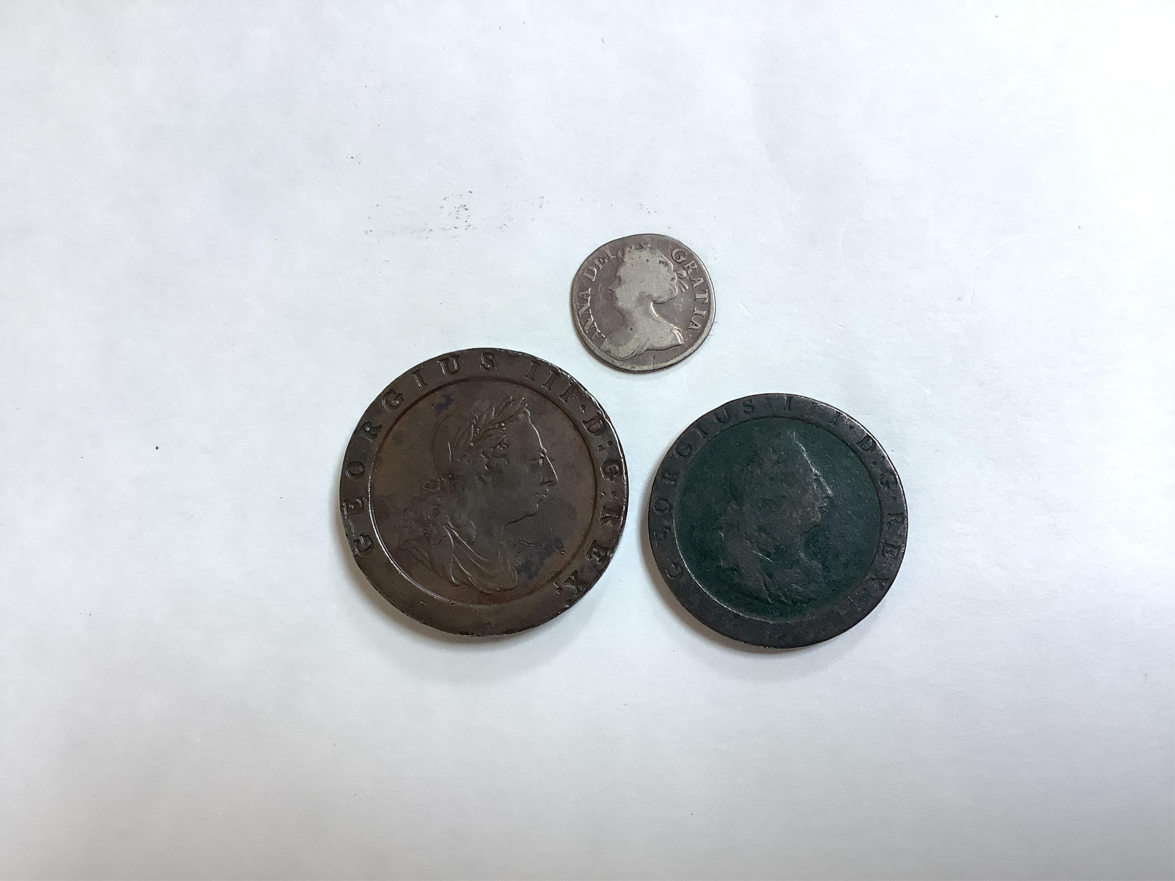 British coins, Queen Anne silver sixpence 1711, Fine, George III twopence 1797, Fine or better and one penny 1797 VG